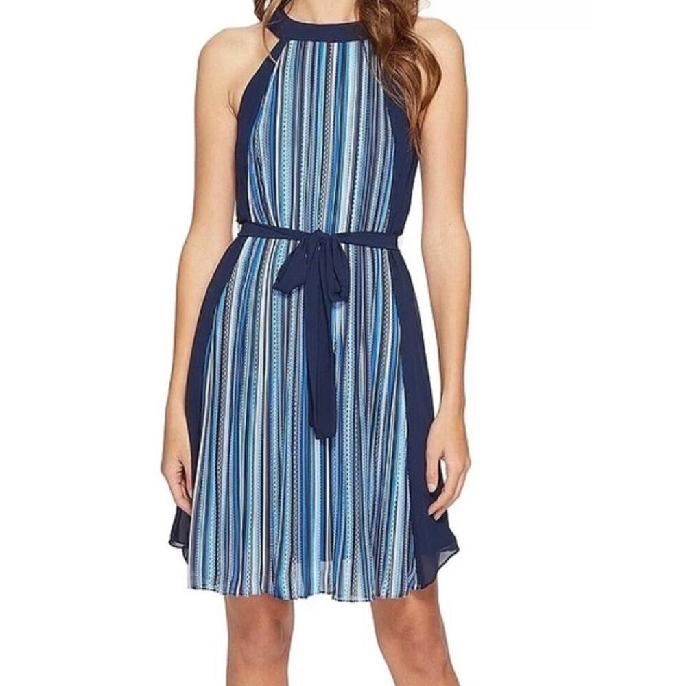 Catherine Maldrino Belted Halter tunic mini dress Blue Medium high neck flowy